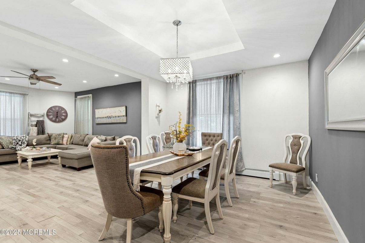 Chandelier, Dining room, Interior, Living room, Recessed Lighting, Wood Texture Flooring