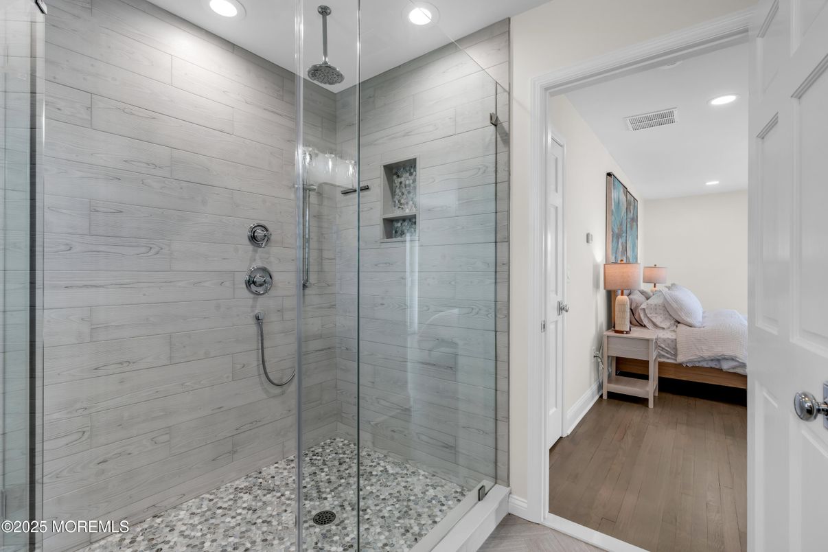 Bathroom, Bedroom, Glass Shower, Interior, Recessed Lighting, Wood Texture Flooring