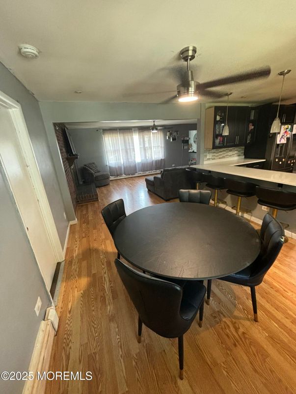 Dining room, Interior, Pendant Lights, Wood Texture Flooring