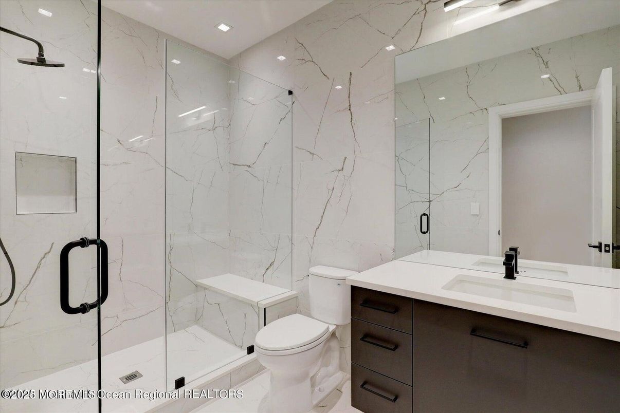 Bathroom, Glass Shower, Interior, Marble Walls, Recessed Lighting