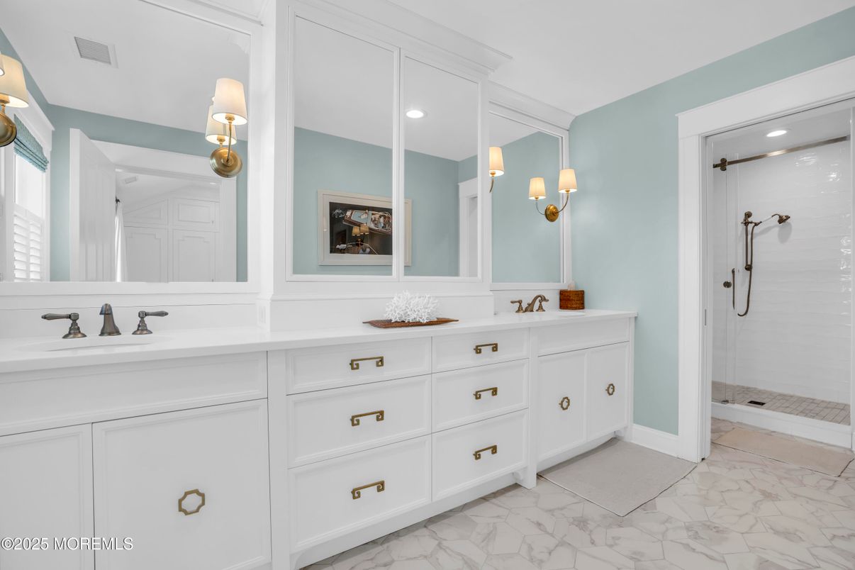 Bathroom, Dual Sink Vanities, Glass Shower, Interior, Marble, Recessed Lighting
