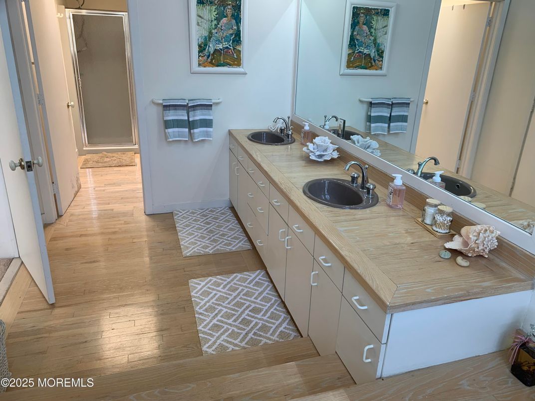 Bathroom, Dual Sink Vanities, Interior, Tile Countertops, Wood Texture Flooring