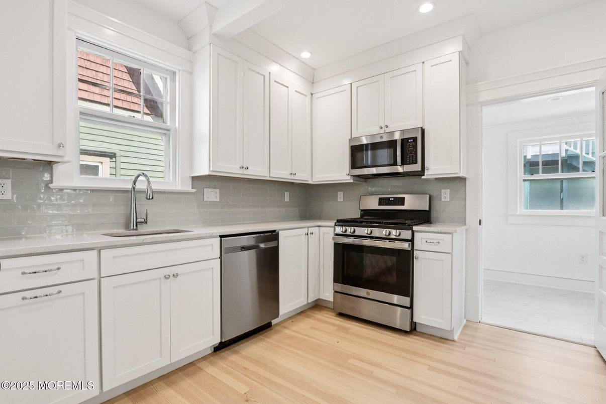 Interior, Kitchen, Recessed Lighting, Stainless Steel Appliances, Wood Texture Flooring