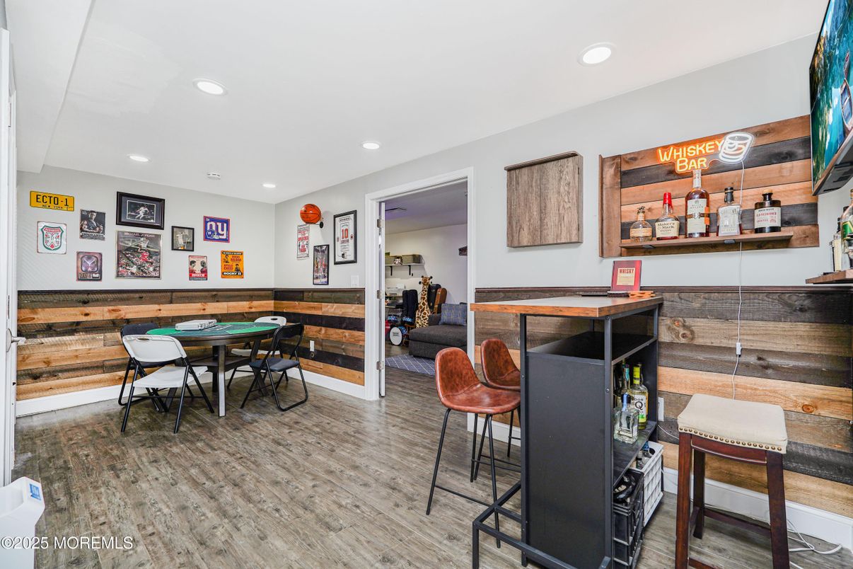 Dining room, Interior, Recessed Lighting, Wood Texture Flooring, Wooden Walls