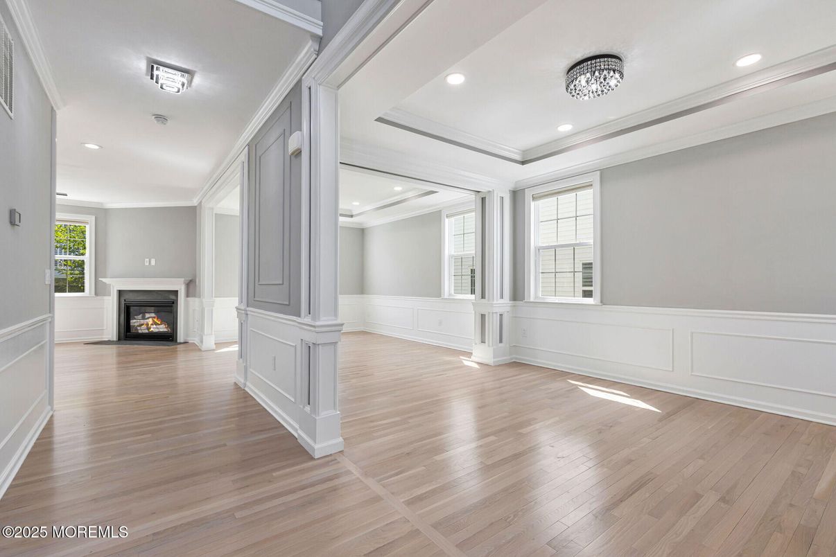 Empty room, Fireplace, Interior, Recessed Lighting, Wood Texture Flooring
