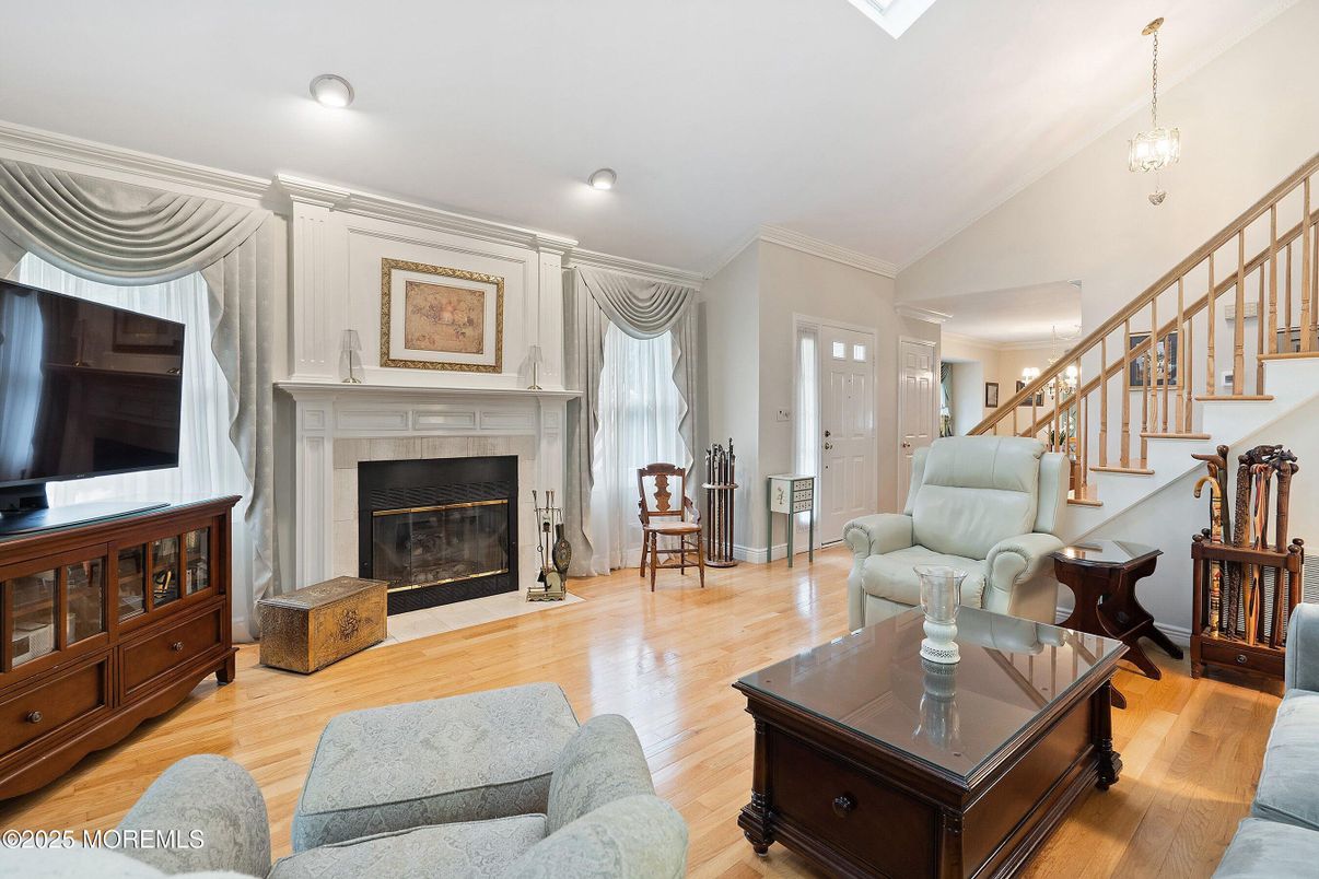 Fireplace, Interior, Living room, Pendant Lights, Wood Texture Flooring