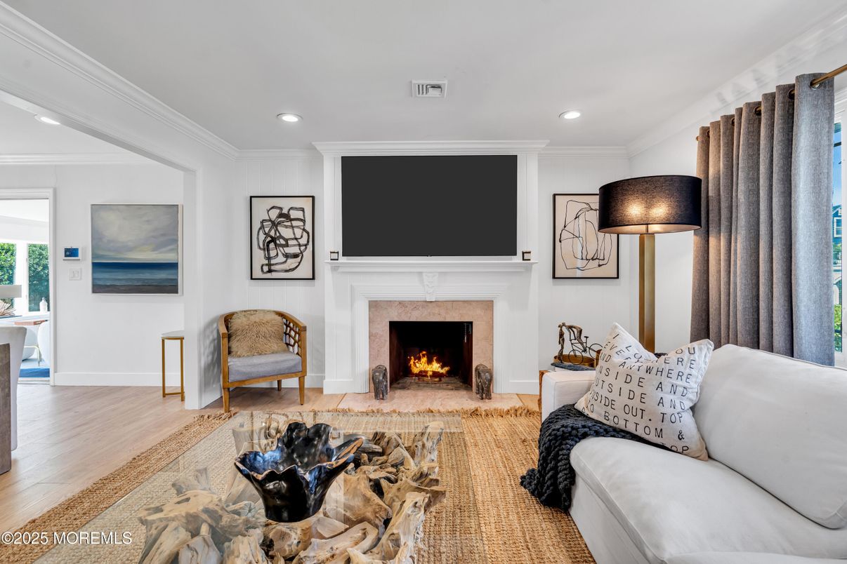 Fireplace, Interior, Living room, Recessed Lighting, Wood Texture Flooring