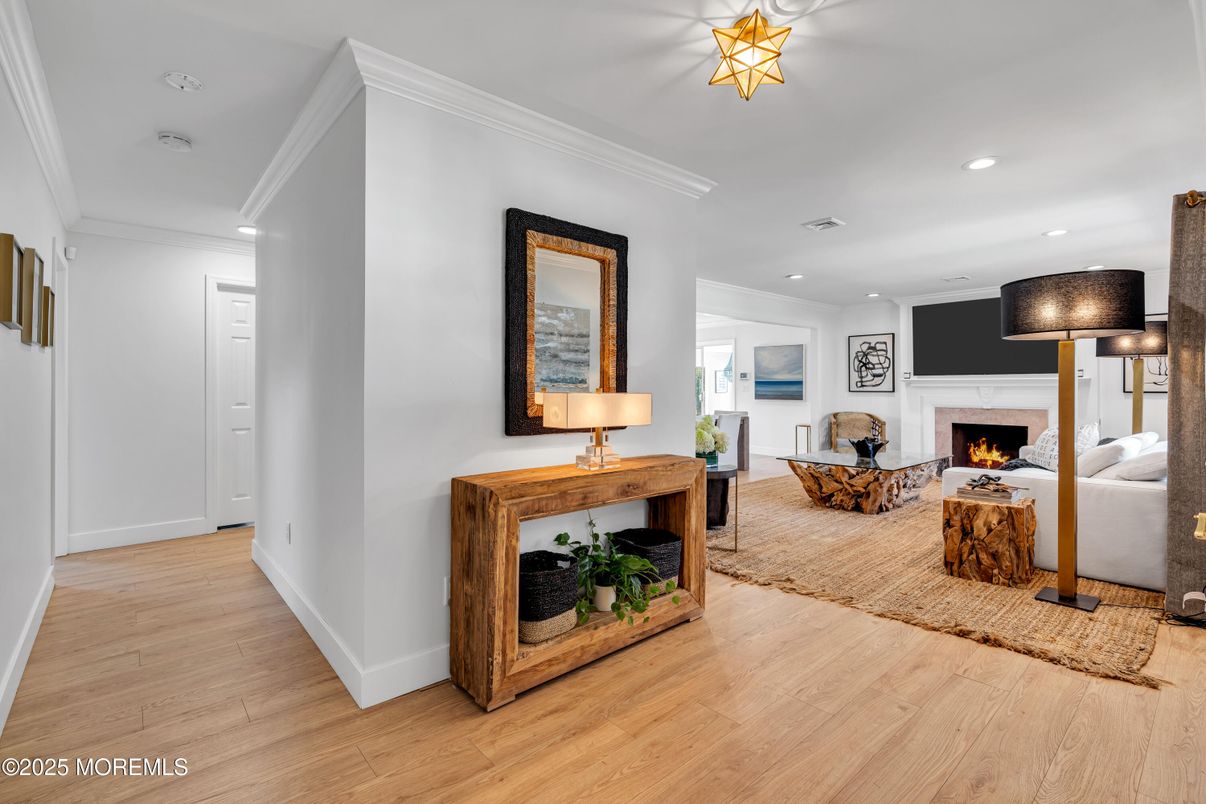 Fireplace, Interior, Living room, Recessed Lighting, Wood Texture Flooring