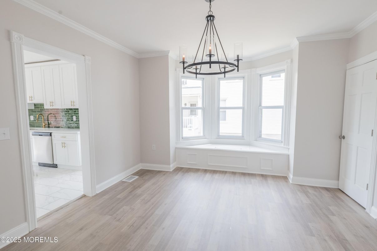 Chandelier, Empty room, Interior, Kitchen, Pendant Lights, Wood Texture Flooring