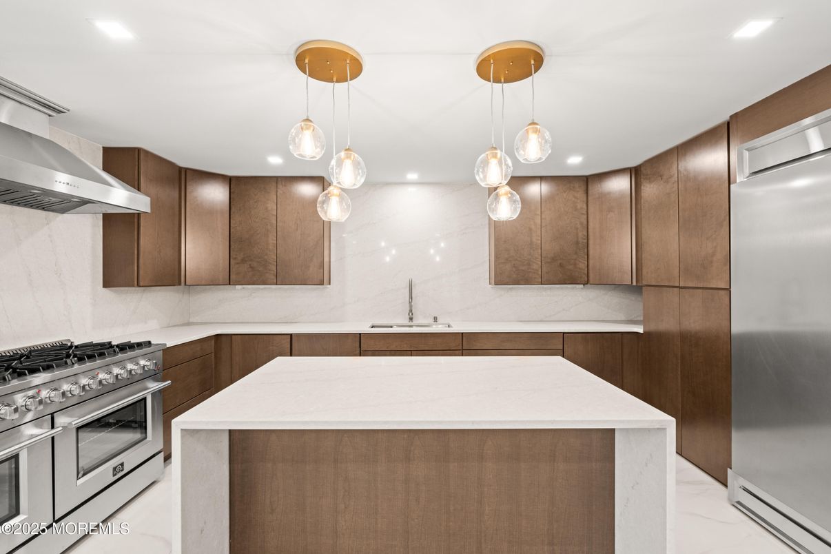 Interior, Kitchen, Marble, Pendant Lights, Recessed Lighting, Stainless Steel Appliances