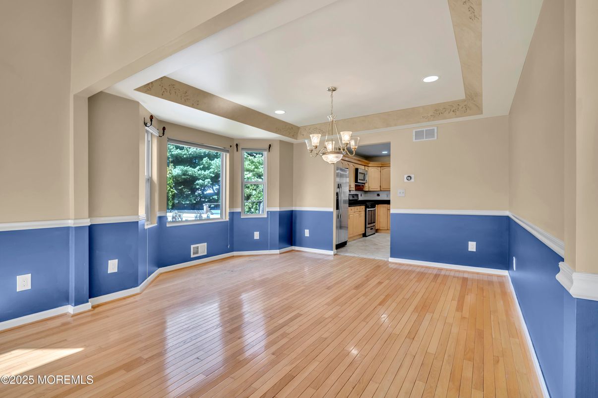 Chandelier, Empty room, Interior, Kitchen, Recessed Lighting, Wood Texture Flooring