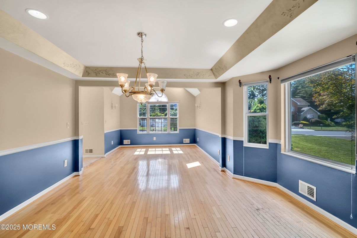Chandelier, Empty room, Interior, Recessed Lighting, Wood Texture Flooring