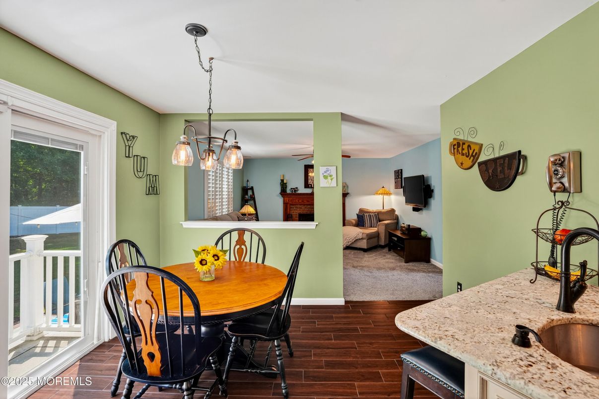 Dining room, Interior, Pendant Lights, Wood Texture Flooring