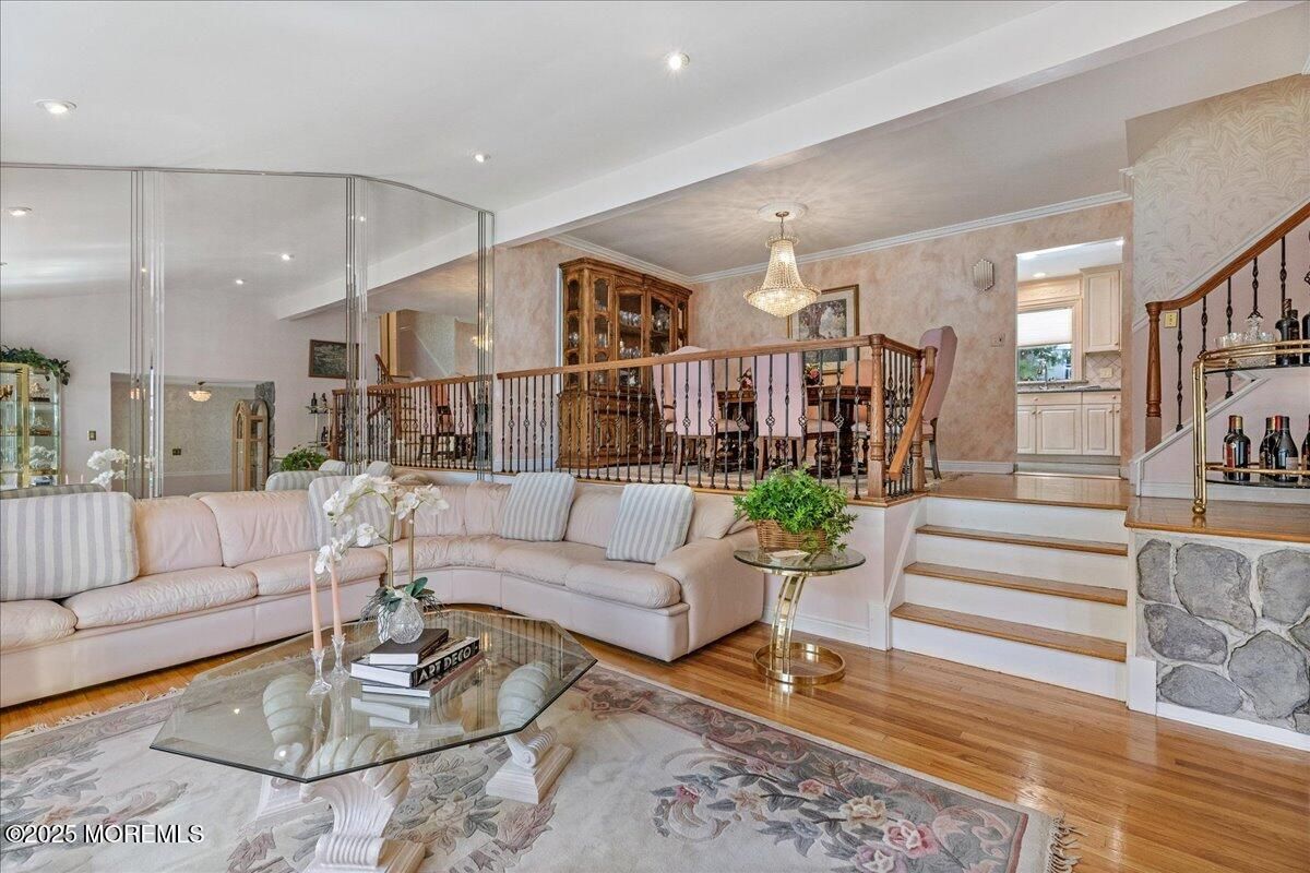 Chandelier, Dining room, Interior, Living room, Recessed Lighting, Wood Texture Flooring