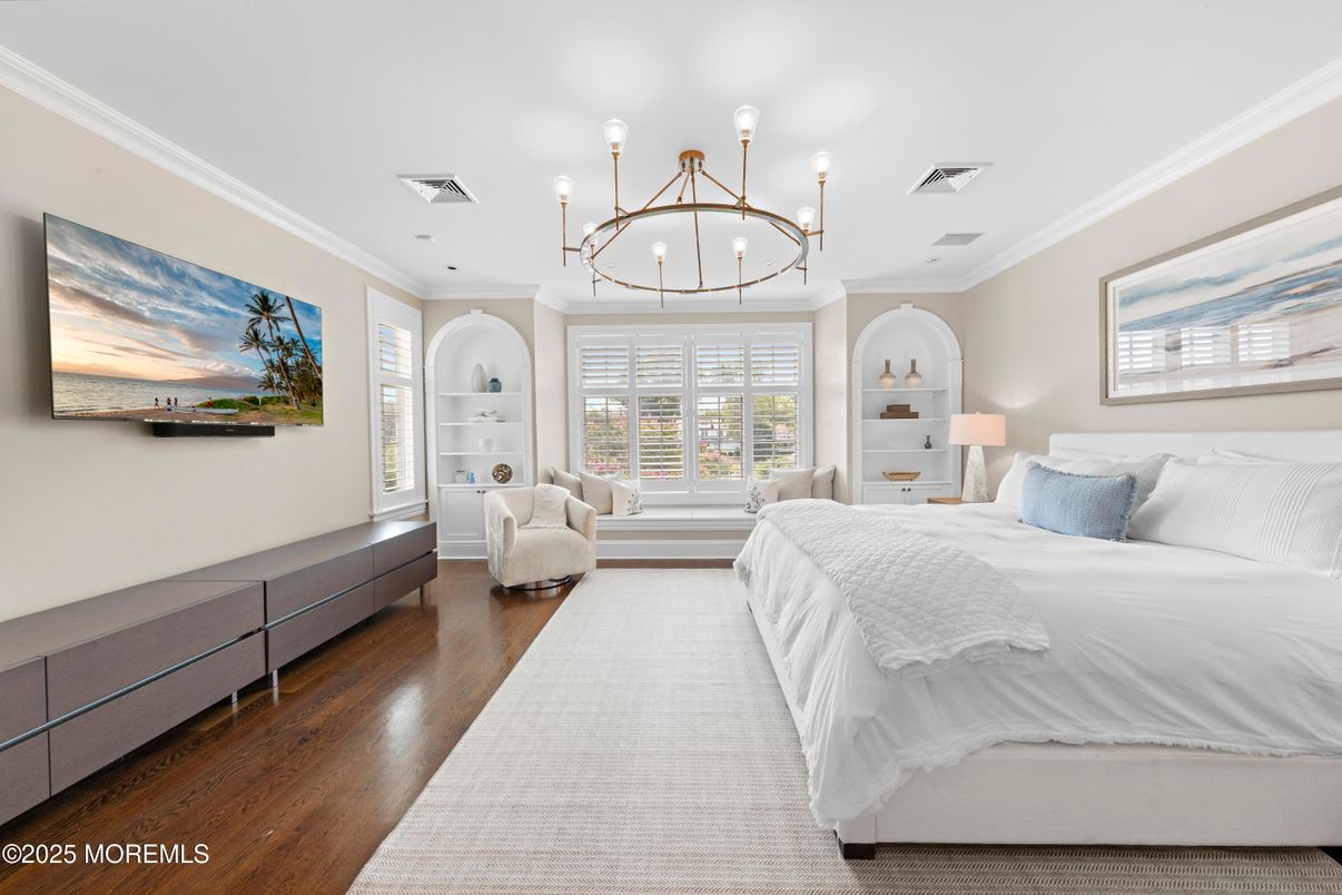Bedroom, Chandelier, Interior, Wood Texture Flooring