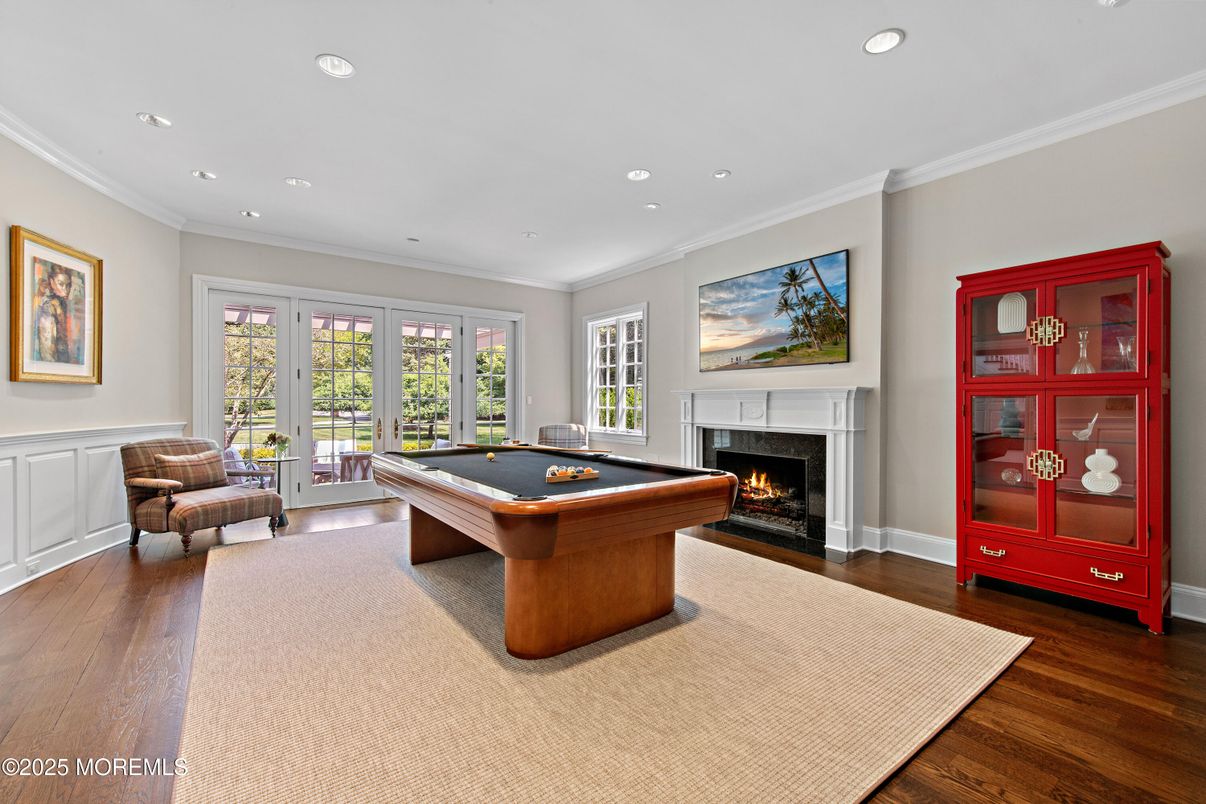 Billiard Table, Fireplace, Game Room, Interior, Recessed Lighting, Wood Texture Flooring