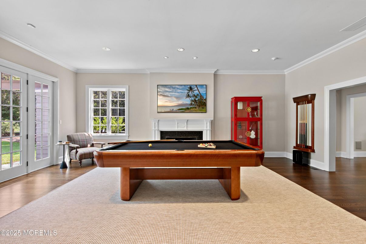 Billiard Table, Fireplace, Game Room, Interior, Recessed Lighting, Wood Texture Flooring