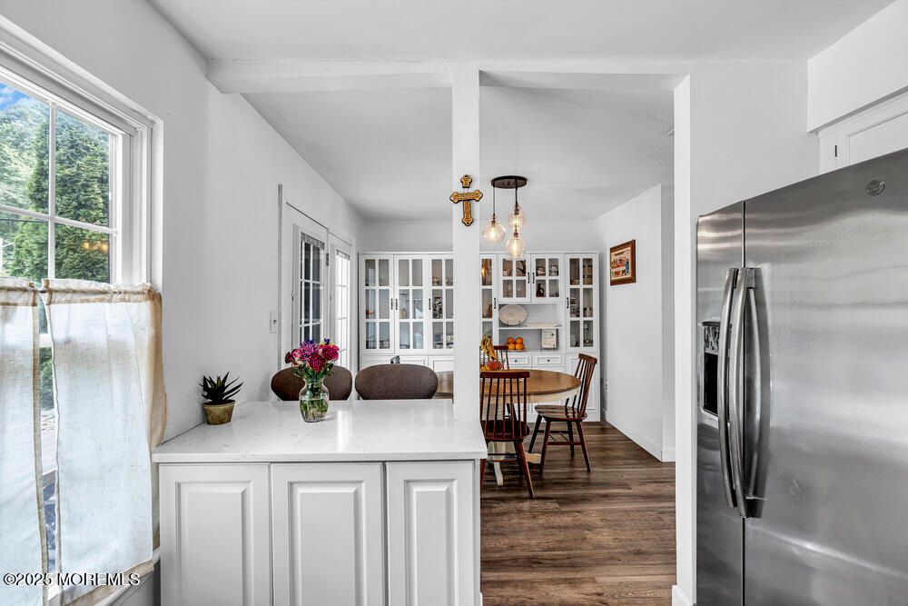 Dining room, Interior, Kitchen, Pendant Lights, Stainless Steel Appliances, Wood Texture Flooring