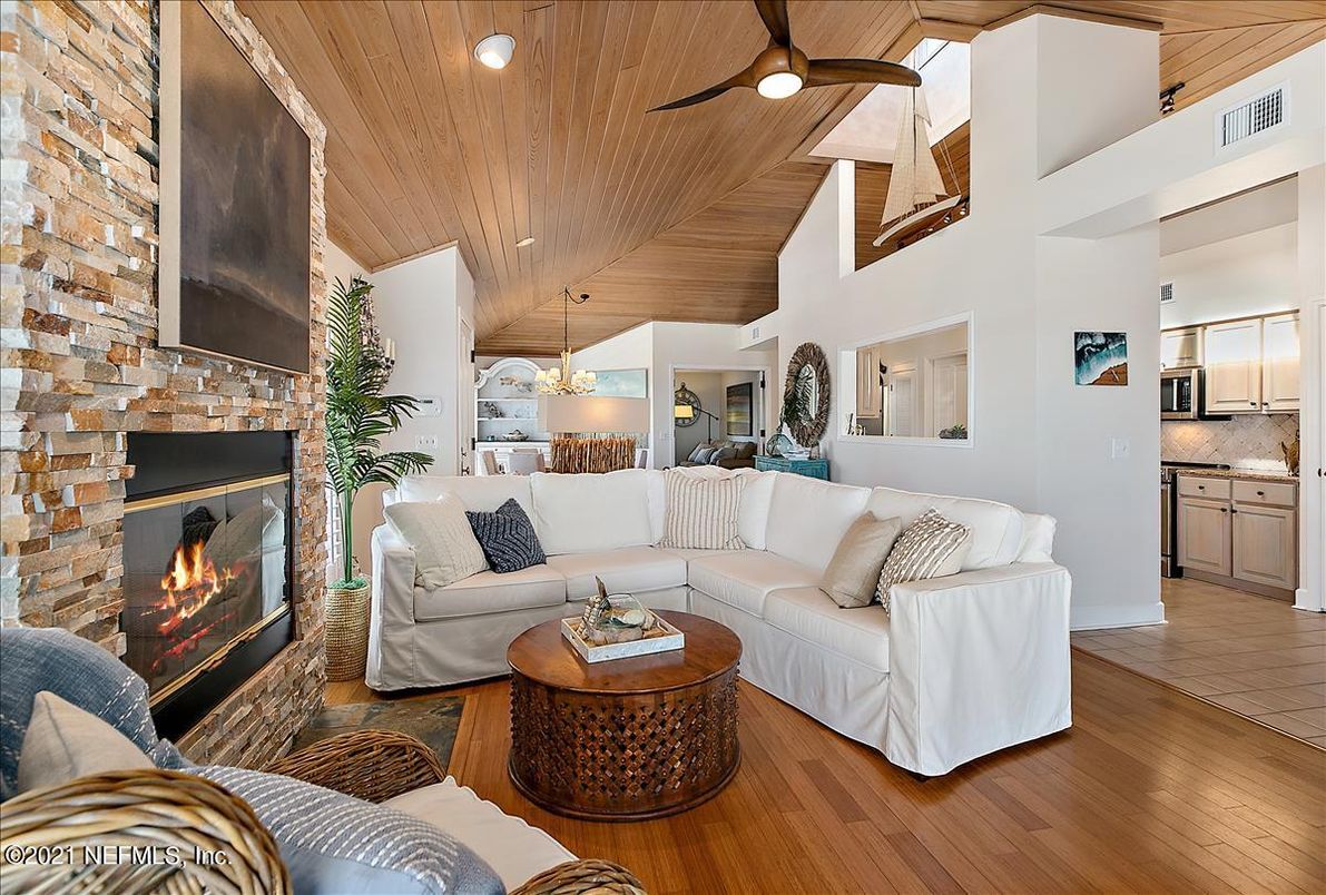 Dining room, Fireplace, Interior, Kitchen, Living room, Recessed Lighting, Stone Walls, Wooden Ceilings, Wood Texture Flooring