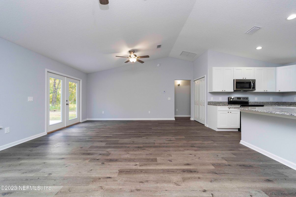 Empty room, Interior, Kitchen, Recessed Lighting, Wood Texture Flooring