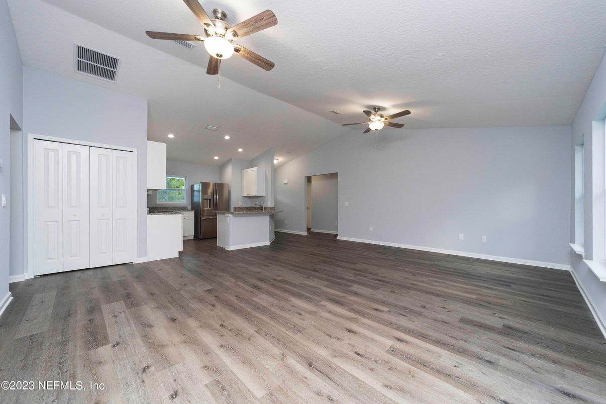 Empty room, Interior, Kitchen, Recessed Lighting, Wood Texture Flooring