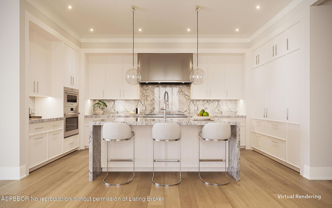 Interior, Kitchen, Marble Walls, Pendant Lights, Recessed Lighting, Stainless Steel Appliances, Wood Texture Flooring