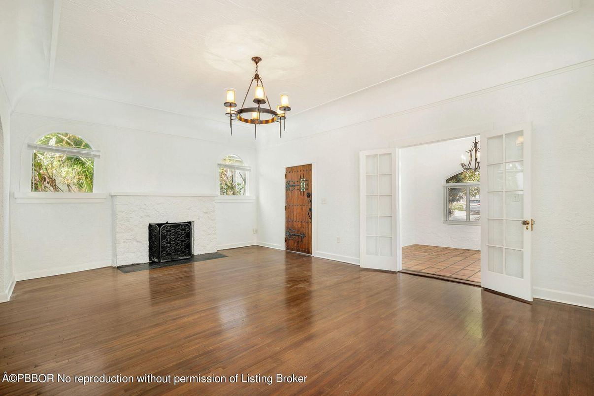Chandelier, Empty room, Fireplace, Interior, Wood Texture Flooring