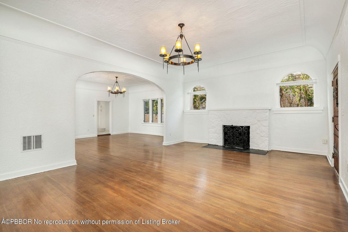 Chandelier, Empty room, Fireplace, Interior, Wood Texture Flooring
