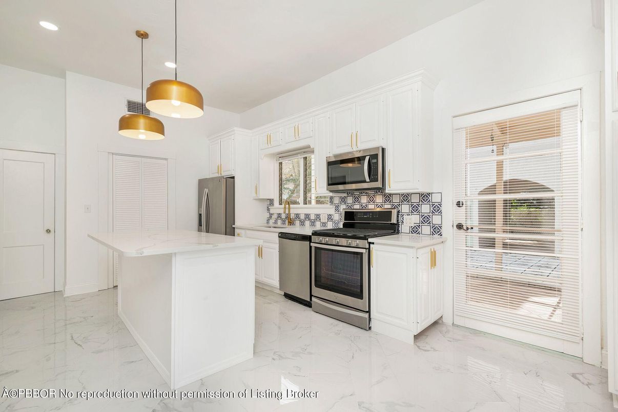 Interior, Kitchen, Marble, Pendant Lights, Recessed Lighting, Stainless Steel Appliances