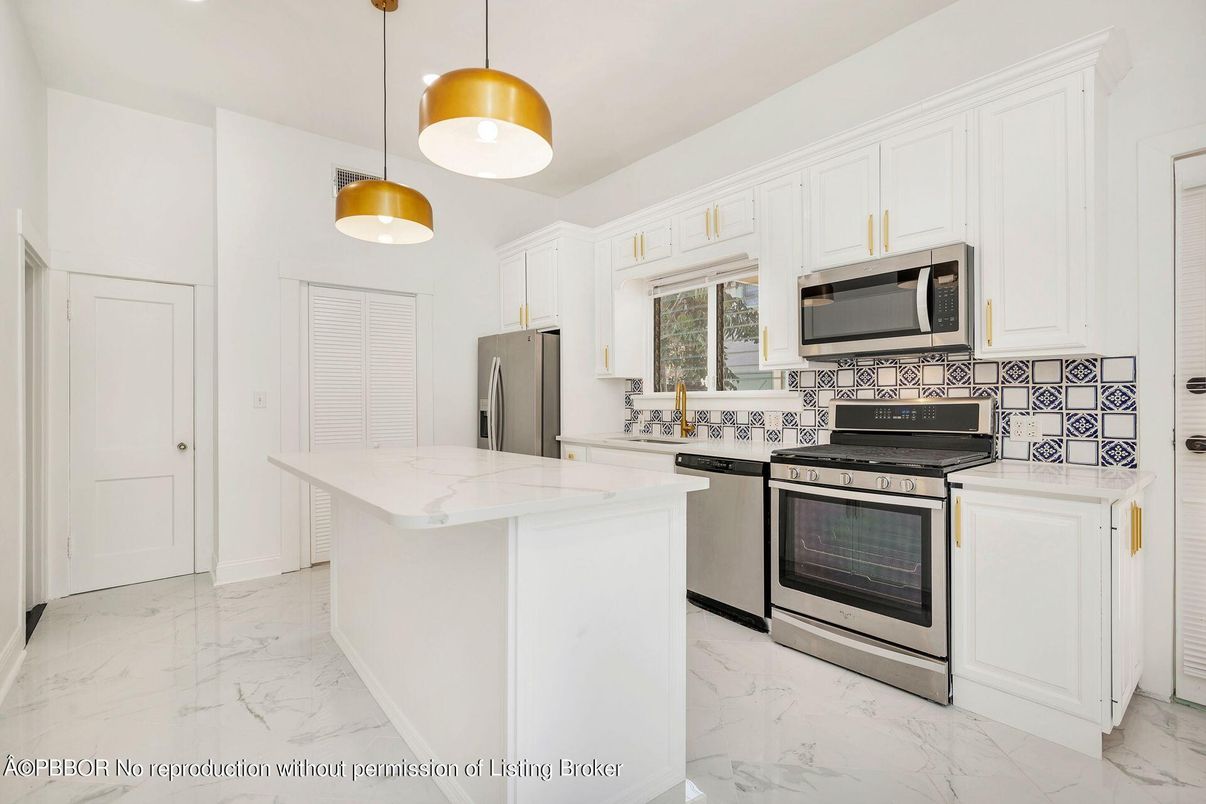 Interior, Kitchen, Marble, Pendant Lights, Recessed Lighting, Stainless Steel Appliances