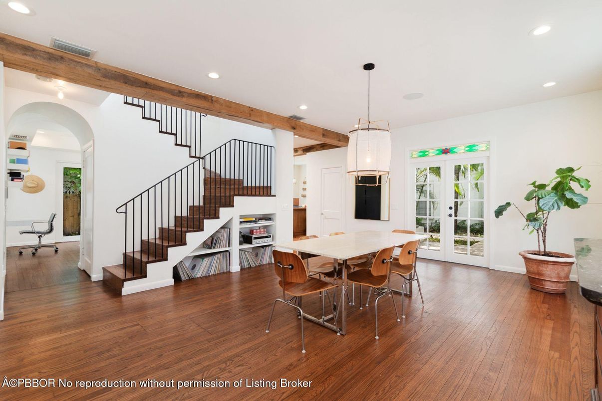 Dining room, Interior, Pendant Lights, Recessed Lighting, Wood Texture Flooring