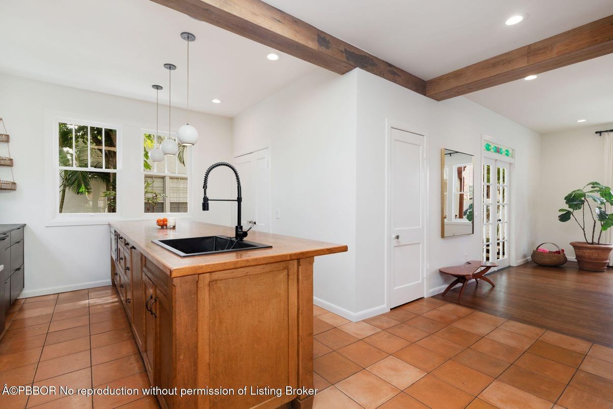 Interior, Kitchen, Pendant Lights, Recessed Lighting, Wooden Beams, Wood Texture Flooring