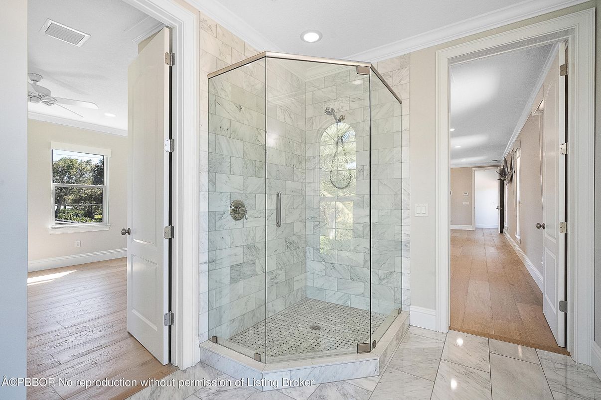 Bathroom, Glass Shower, Interior, Marble, Marble Walls, Recessed Lighting, Wood Texture Flooring