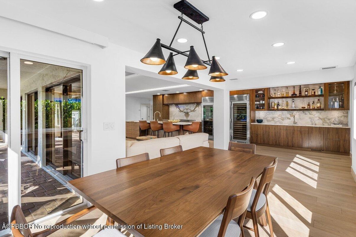 Dining room, Interior, Pendant Lights, Recessed Lighting, Wood Texture Flooring