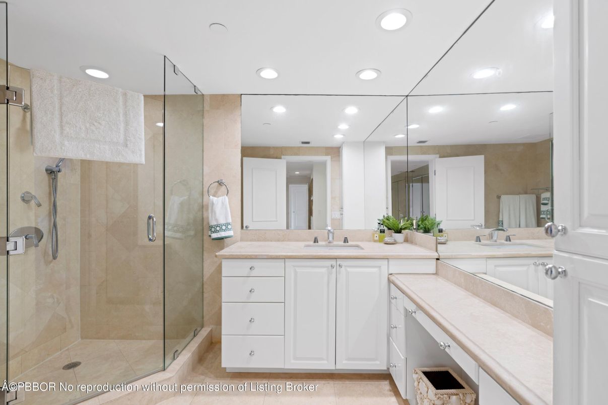 Bathroom, Dual Sink Vanities, Glass Shower, Interior, Recessed Lighting