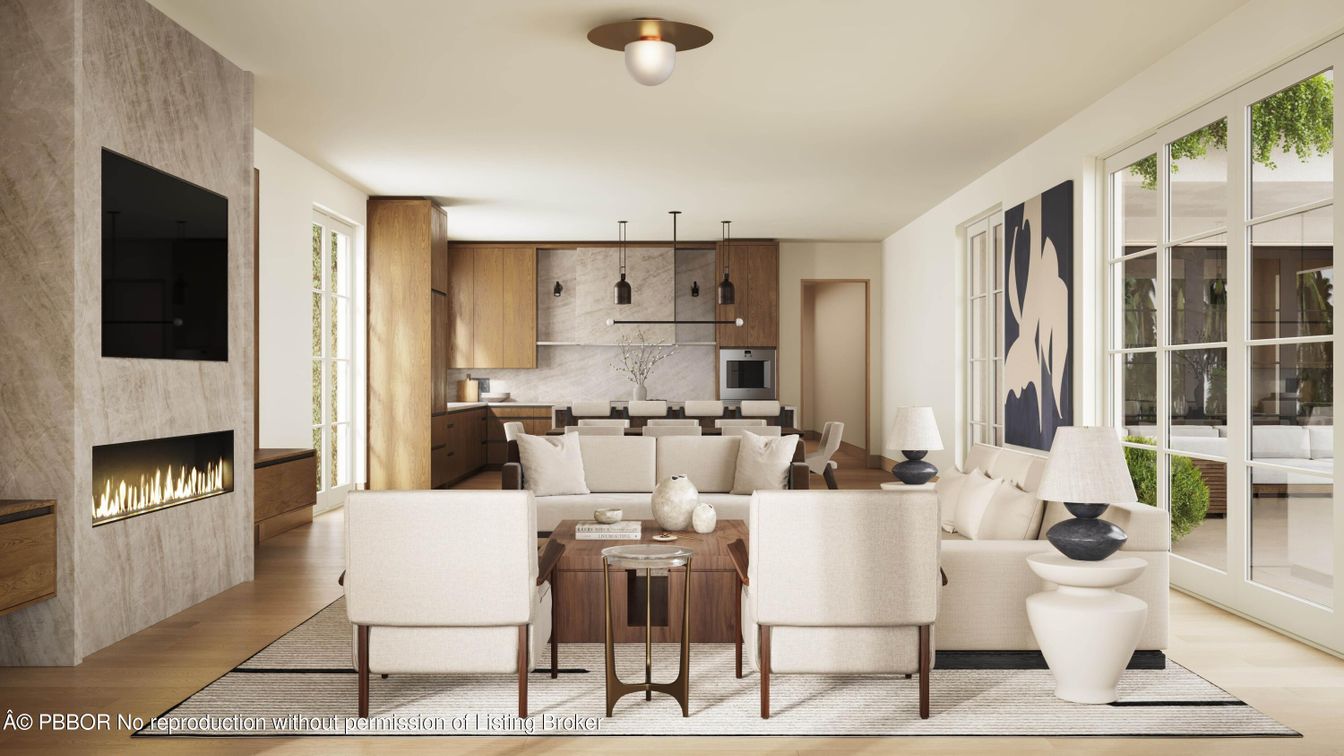Dining room, Fireplace, Interior, Kitchen, Living room, Pendant Lights, Wood Texture Flooring