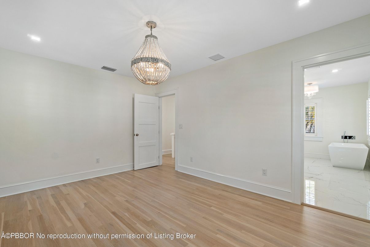 Bathroom, Chandelier, Empty room, Interior, Recessed Lighting, Wood Texture Flooring