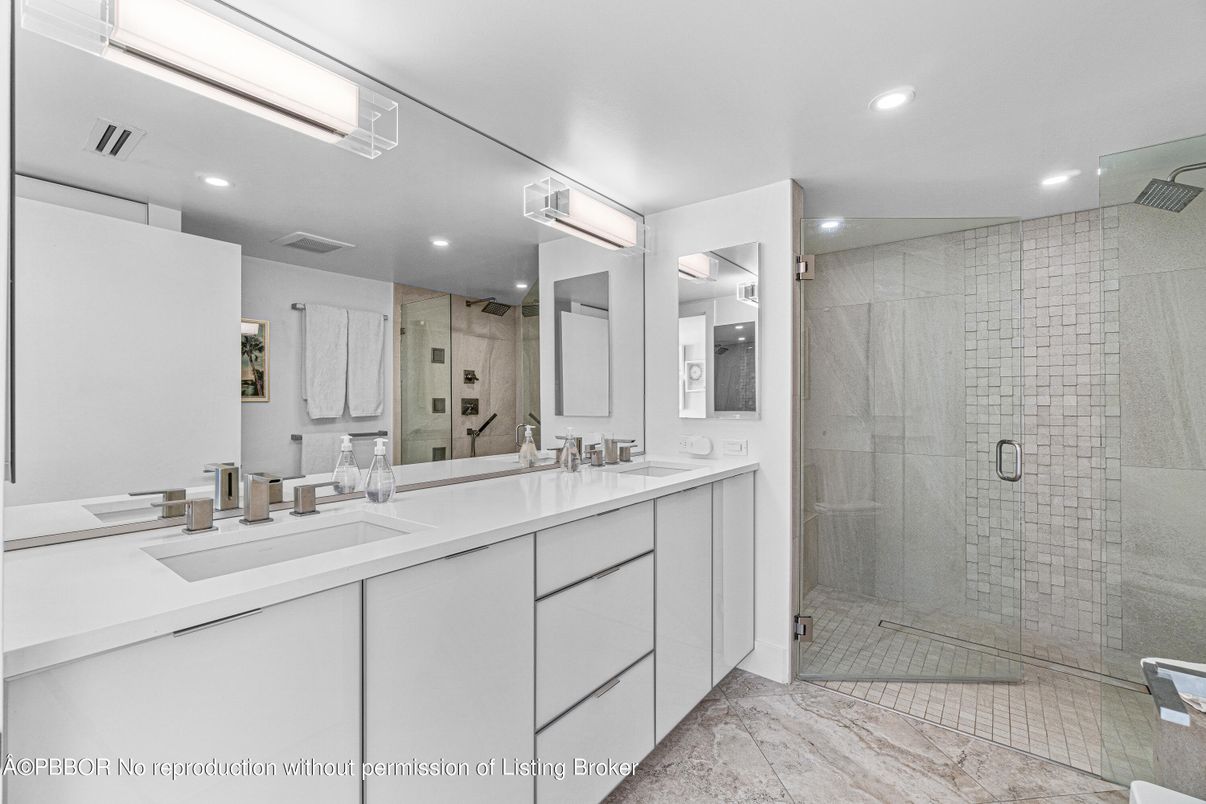 Bathroom, Dual Sink Vanities, Glass Shower, Interior, Recessed Lighting