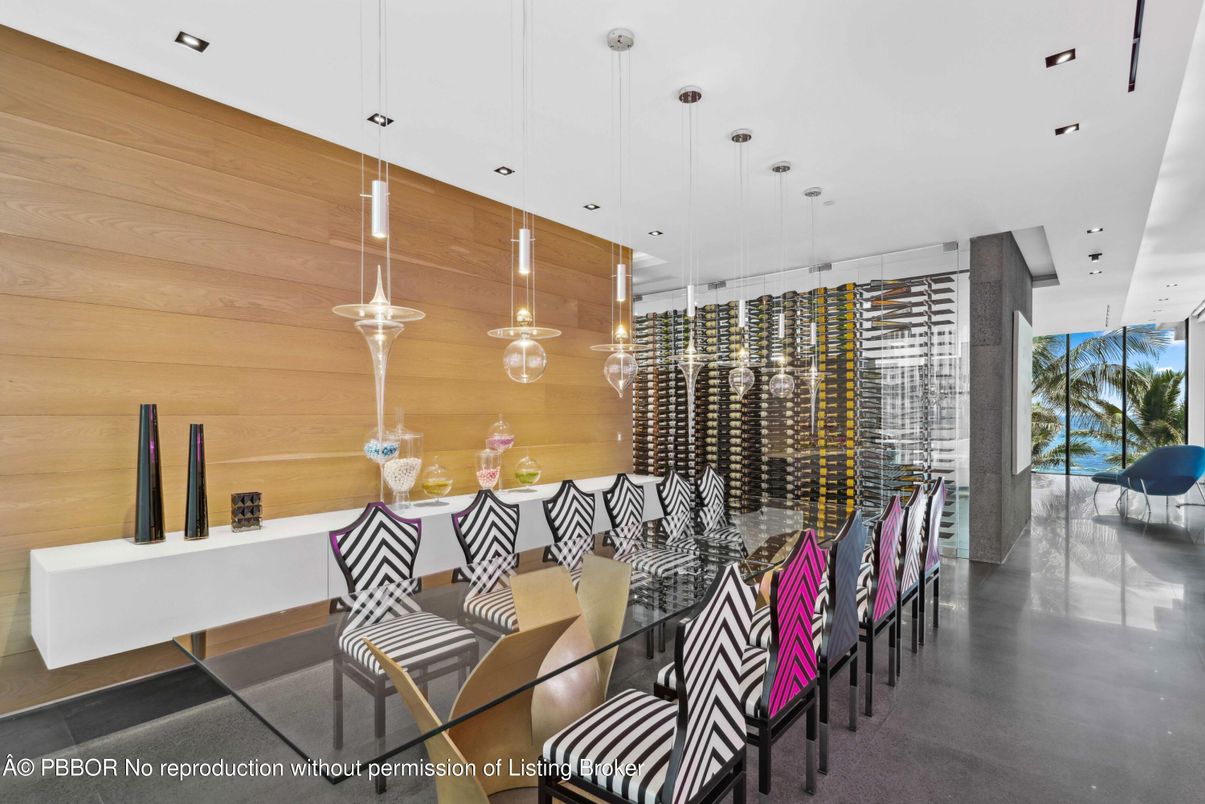 Dining room, Interior, Pendant Lights, Recessed Lighting, Wine Storage, Wooden Walls