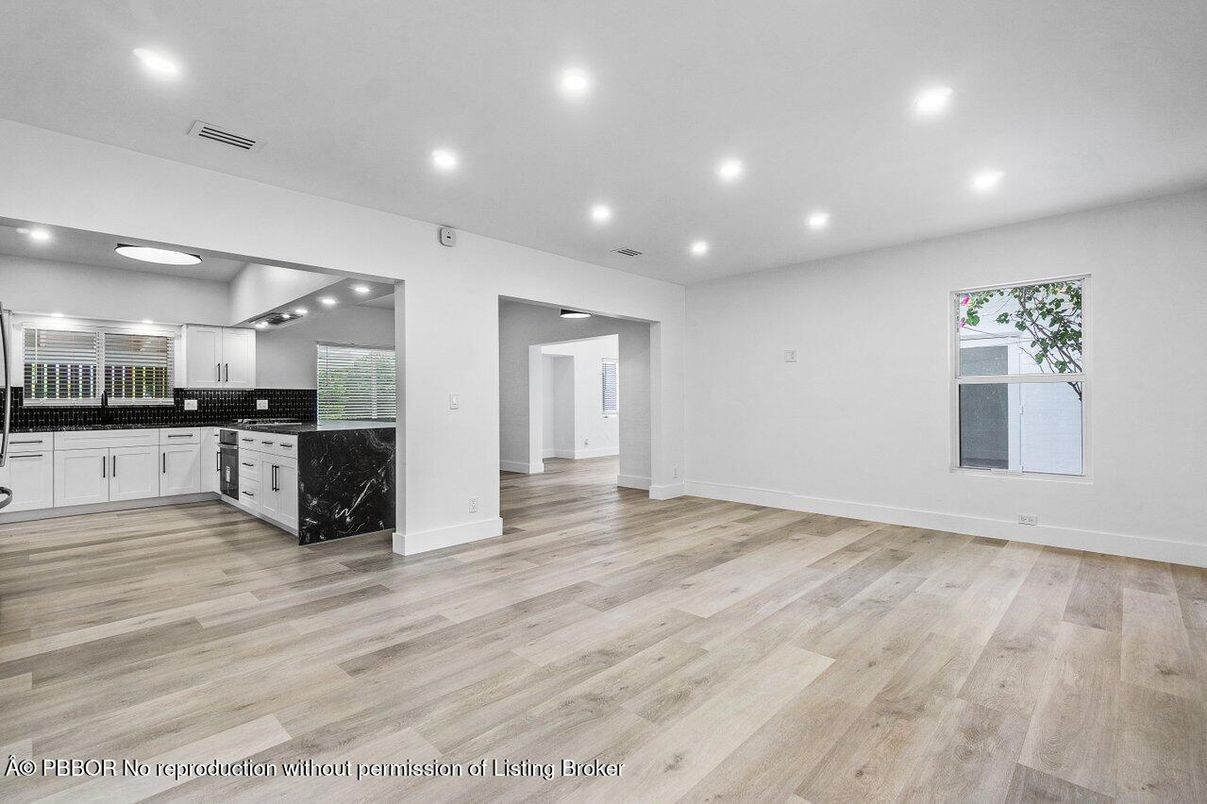 Empty room, Interior, Kitchen, Recessed Lighting, Wood Texture Flooring