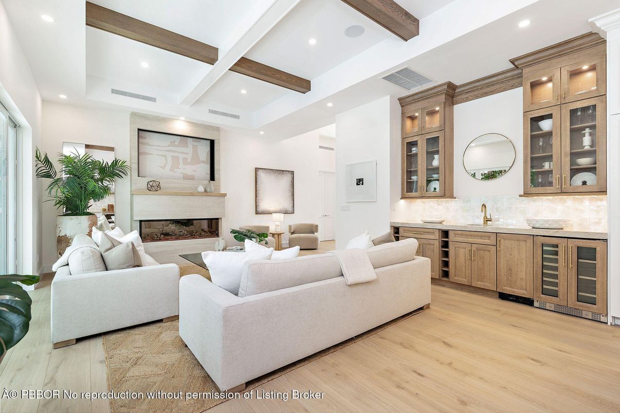 Fireplace, Interior, Living room, Recessed Lighting, Wooden Beams, Wood Texture Flooring