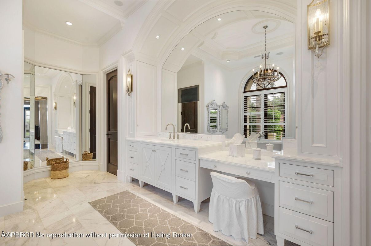 Bathroom, Chandelier, Dual Sink Vanities, Interior, Marble, Pendant Lights, Recessed Lighting