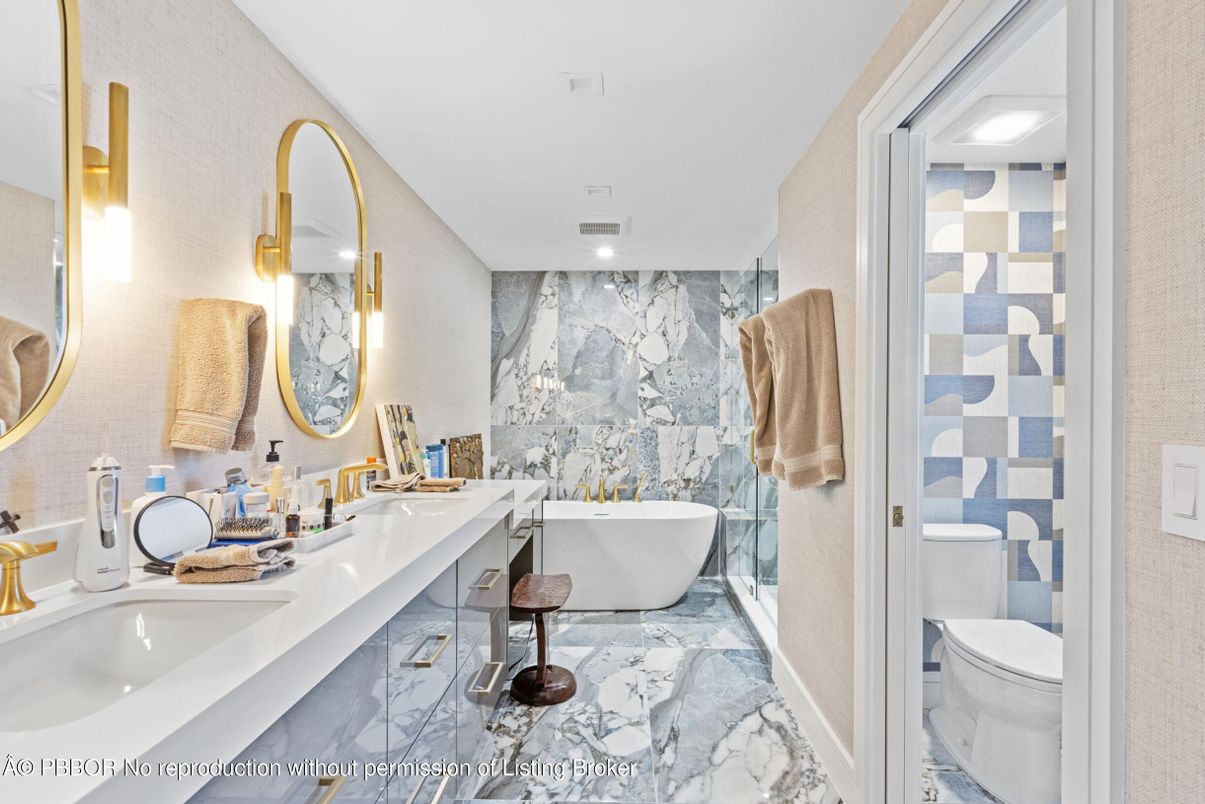 Bathroom, Dual Sink Vanities, Free Standing Baths, Interior, Marble, Marble Walls