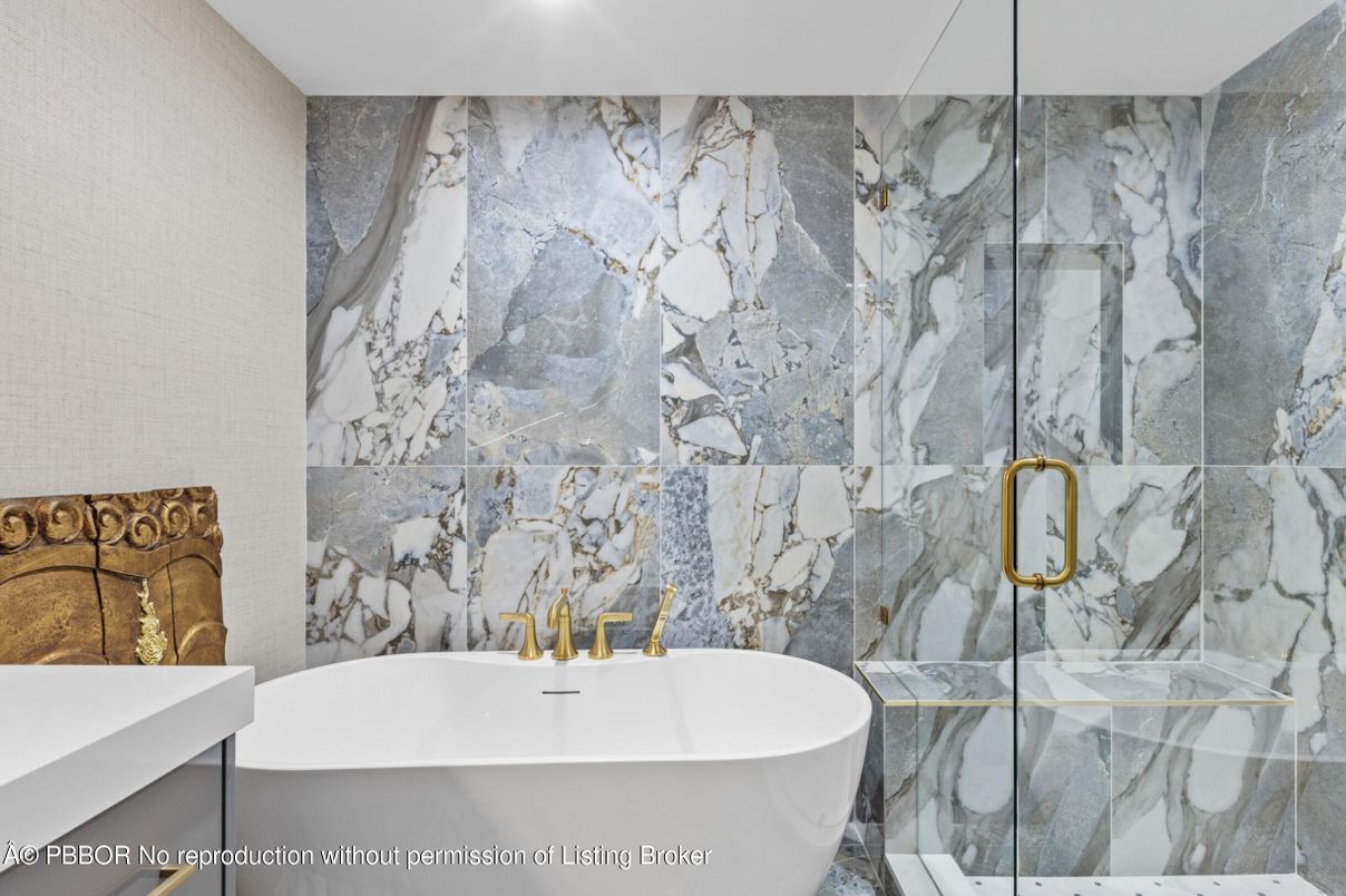 Bathroom, Free Standing Baths, Glass Shower, Interior, Marble Walls, Recessed Lighting