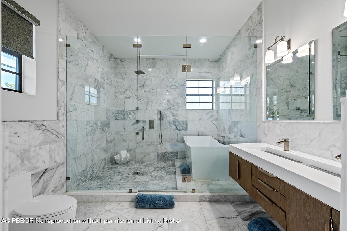 Bathroom, Free Standing Baths, Glass Shower, Interior, Marble, Marble Walls, Recessed Lighting