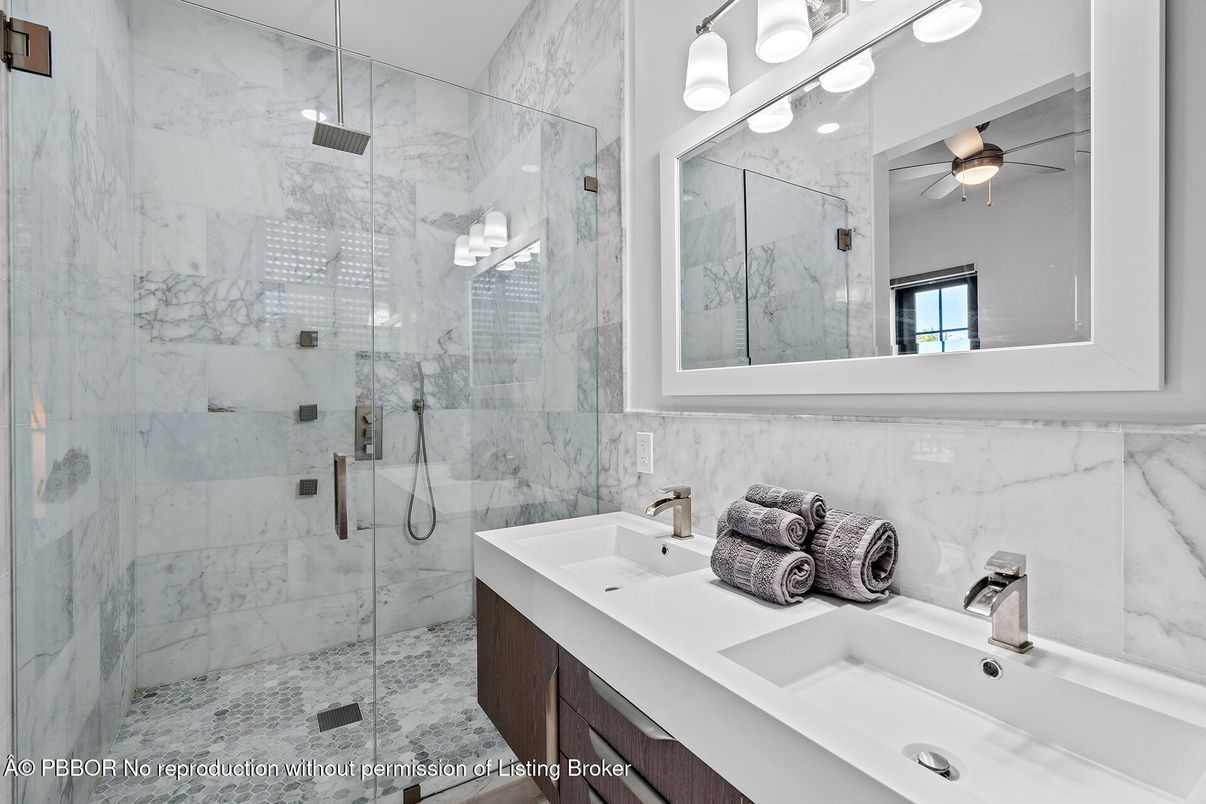 Bathroom, Dual Sink Vanities, Glass Shower, Interior, Marble Walls