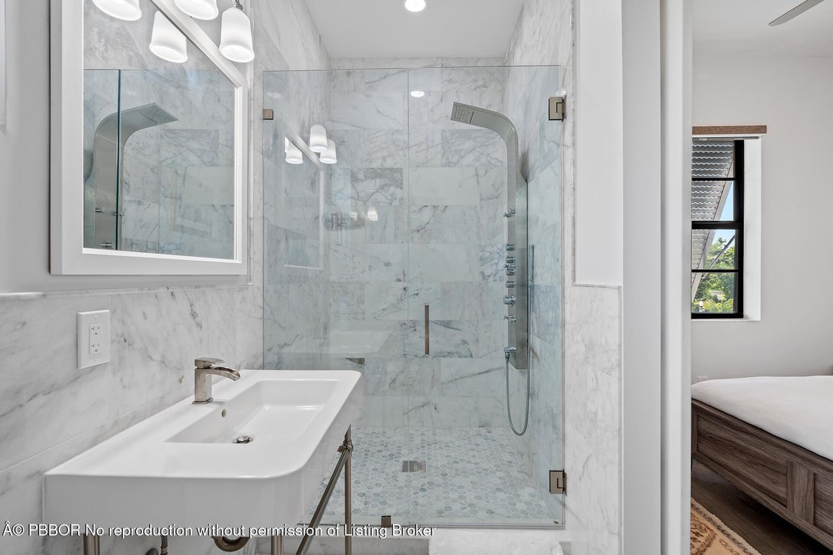 Bathroom, Glass Shower, Interior, Marble Walls, Recessed Lighting