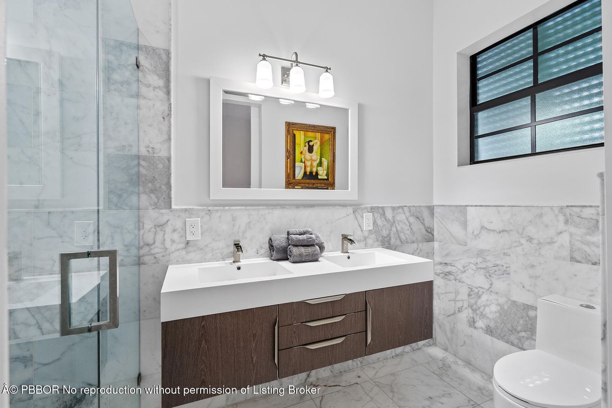 Bathroom, Dual Sink Vanities, Glass Shower, Interior, Marble, Marble Walls