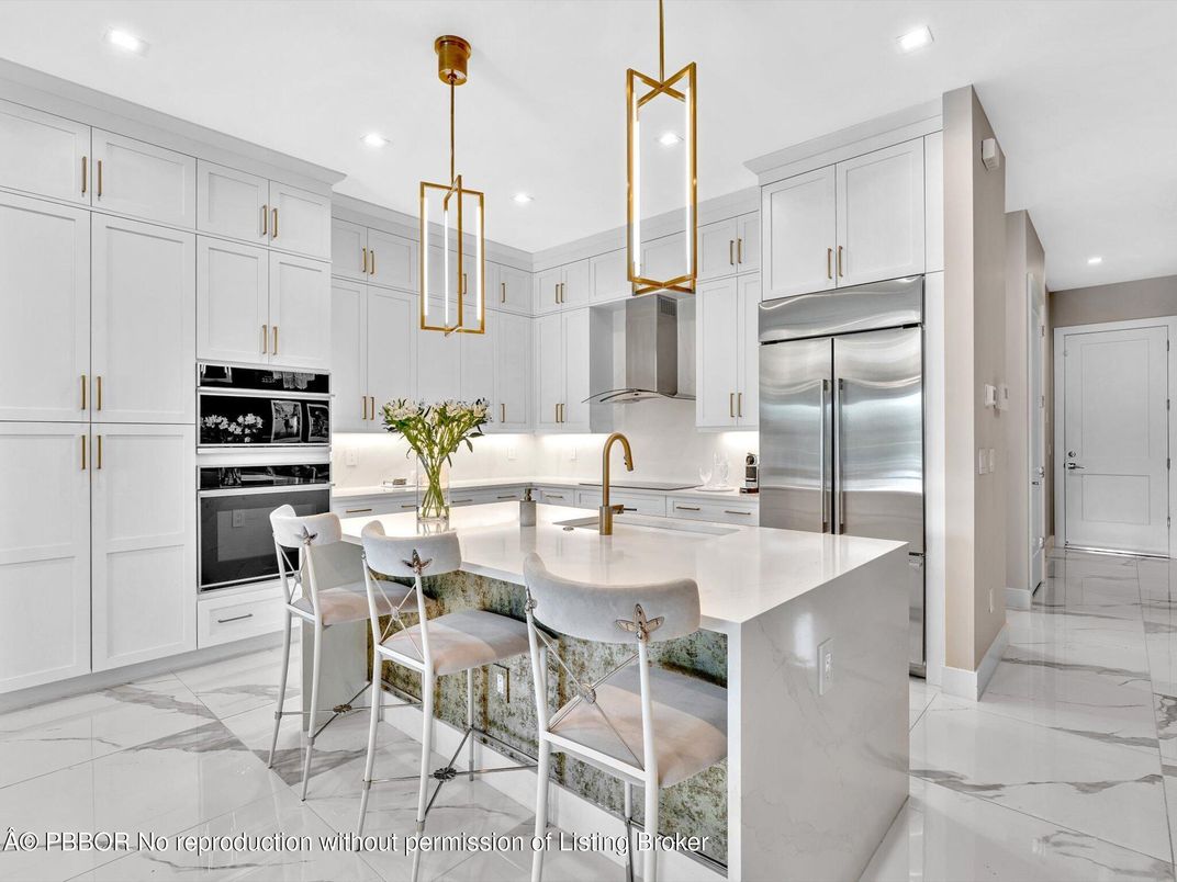Interior, Kitchen, Marble, Pendant Lights, Recessed Lighting, Stainless Steel Appliances