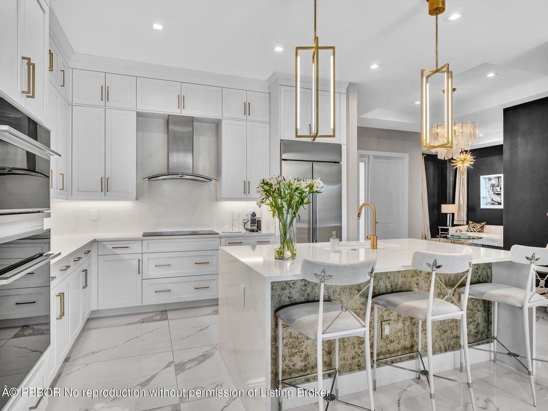 Interior, Kitchen, Marble, Pendant Lights, Recessed Lighting, Stainless Steel Appliances